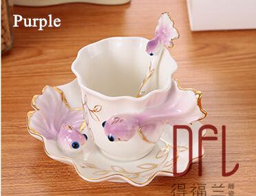Enamel Goldfish Coffee Mugs Tea Cups With Saucer Spoon Porcelain Drinkware: 4