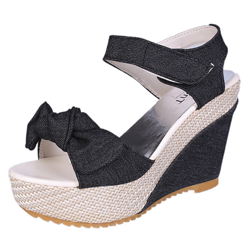 Denim sandaler kvinder sandaler kiler høje hæle peep-toe platform sko kvinde tyk bund sandaler: Sort / 35