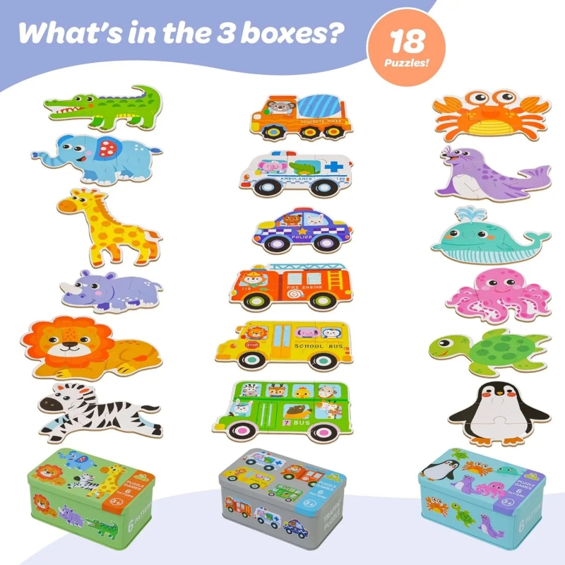 Rompecabezas para bebés, juguetes educativos Montessori, juegos de rompecabezas 3D de madera, caja de hierro, rompecabezas para niños, rompecabezas de madera para niños de 2 a 3 a 4 años