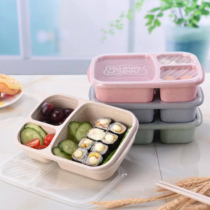 Boîte à Bento 3 compartiments, stockage des repas, préparation des aliments, conteneurs réutilisables, micro-ondable, maison paille de blé, boîte à déjeuner 1 pièce
