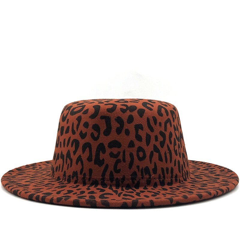 Brede Rand Luipaard Print Platte Top Wol Fedora Vilten Hoed Voor Vrouwen Herfst Winter Schipper Jazz Cap Zwart Band: red