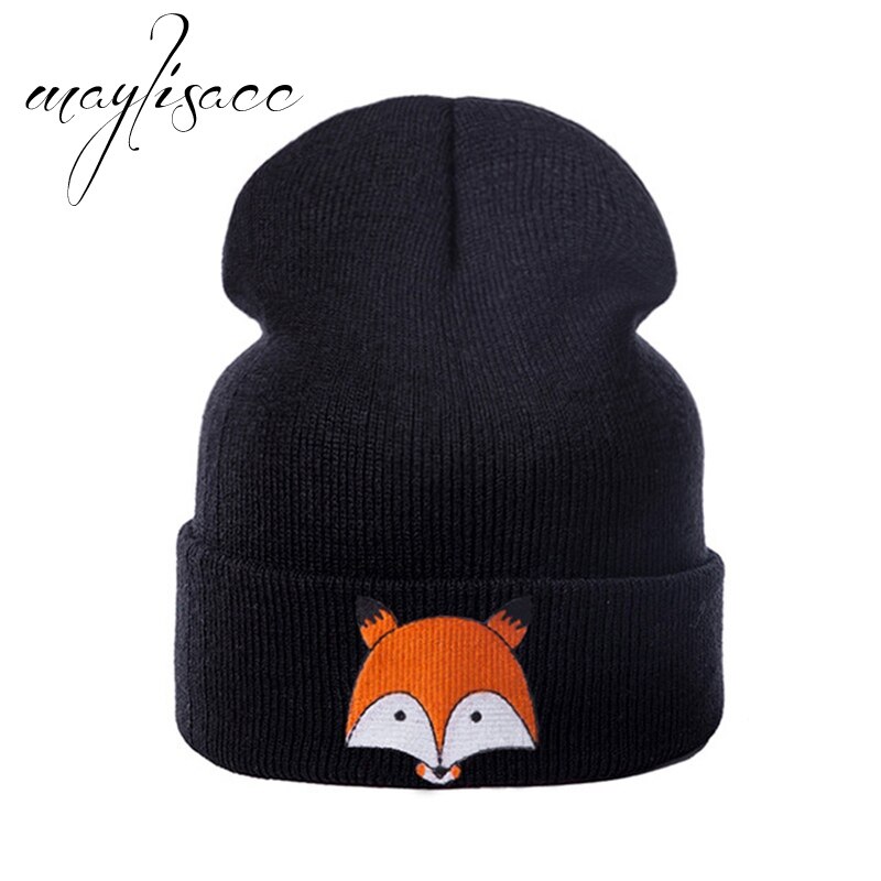 Maylisacc 8 Colors Autumn Winter Warm Kintted Thickened Cap Fox for Girls Boys Skullies Beanies Cap Outdoor Sport Cap: Black