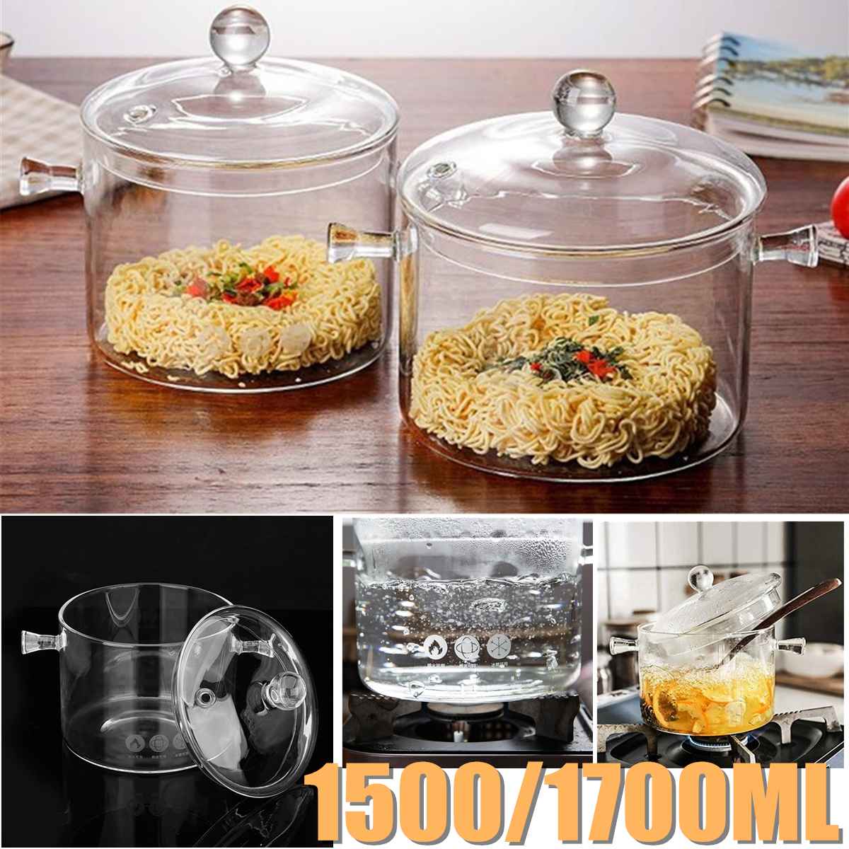 1.5/1.7L Hittebestendige Clear Glas Kookplaat Pot Soep Warmte Kom Voedsel Melk Thermische Cooker Tool Verwarming Keuken Pot kookgerei