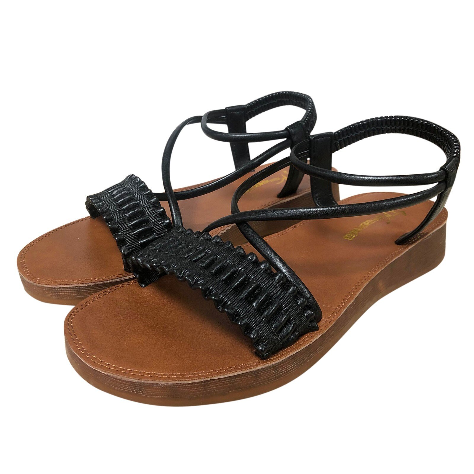 Sandalias planas con banda elástica cruzada para mujer, zapatos de playa informales con pliegues elegantes, cómodos, de fondo suave, Color sólido, para verano: Negro / 40