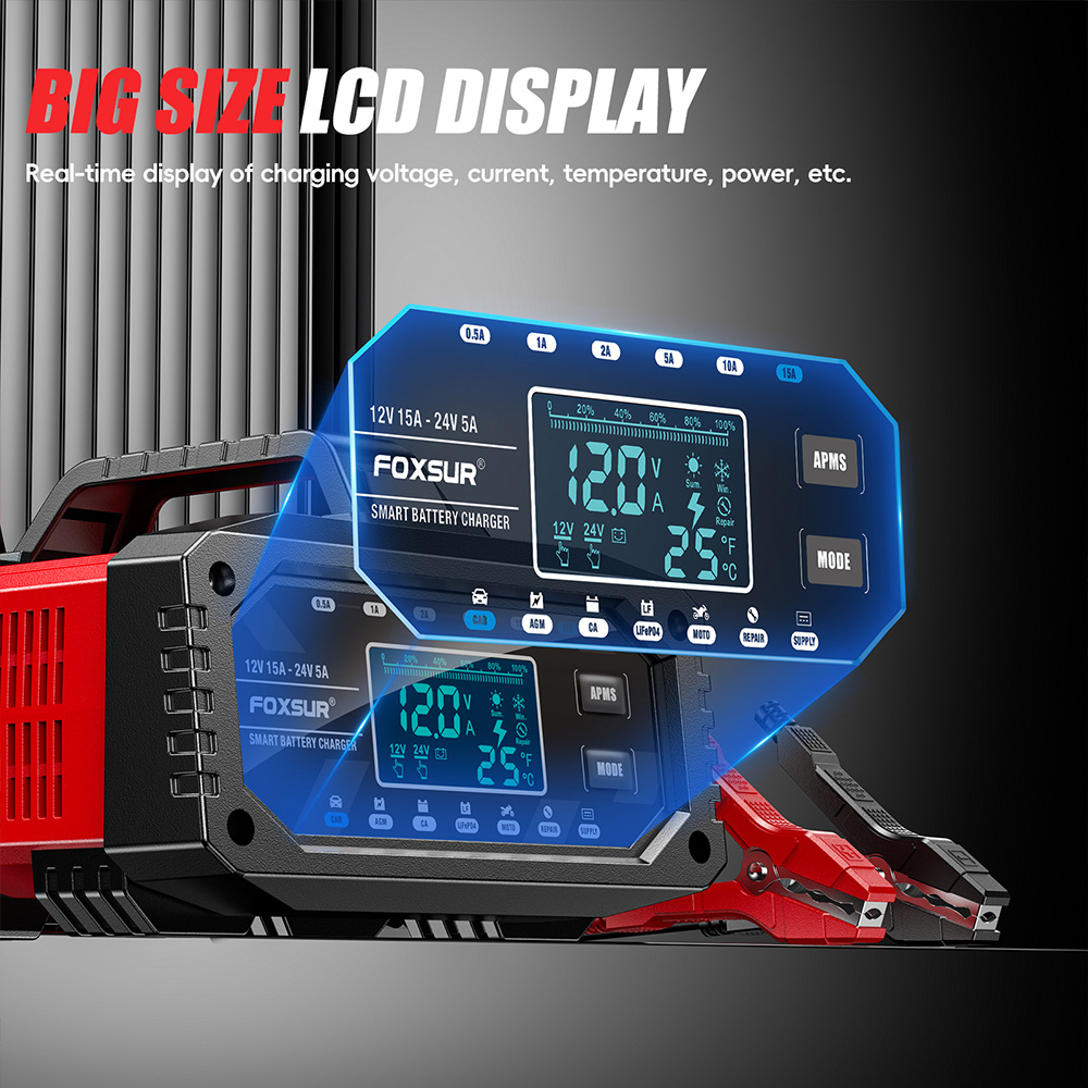 Vollautomatisches intelligentes Autobatterie-Ladegerät, 12 V/24 V, mehrere Schutzfunktionen, LCD-Anzeige, schützt Schnellladegerät