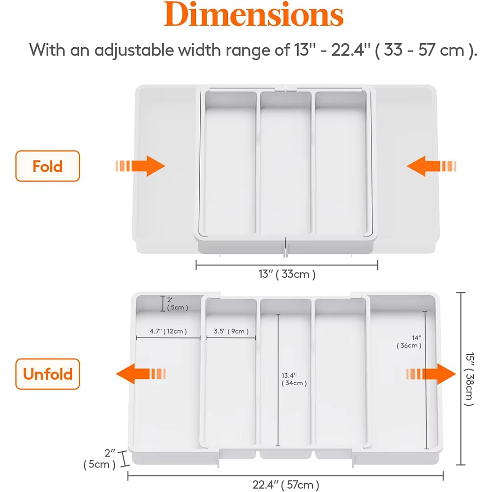 Organizador de utensilios expandible para cajones de cocina, organizador de cajones de cubiertos grande, divisor, bandeja de utensilios de cocina ajustable: BLANCO