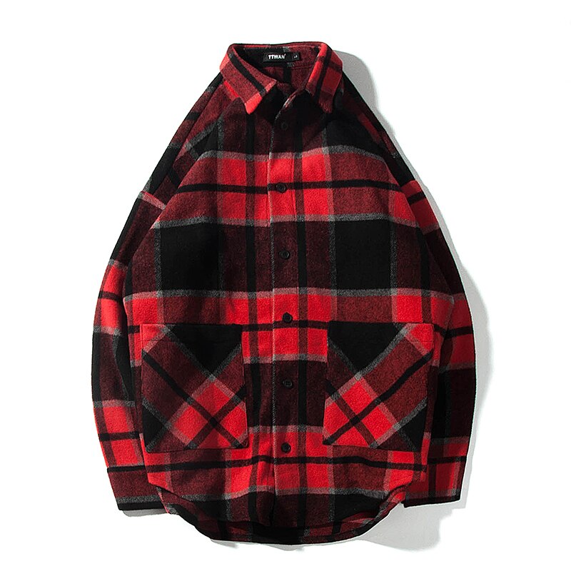 Forår og efterår ulden løs plaid langærmet skjorte afslappet farve matchende jakke blå/grøn/rød m -2xl