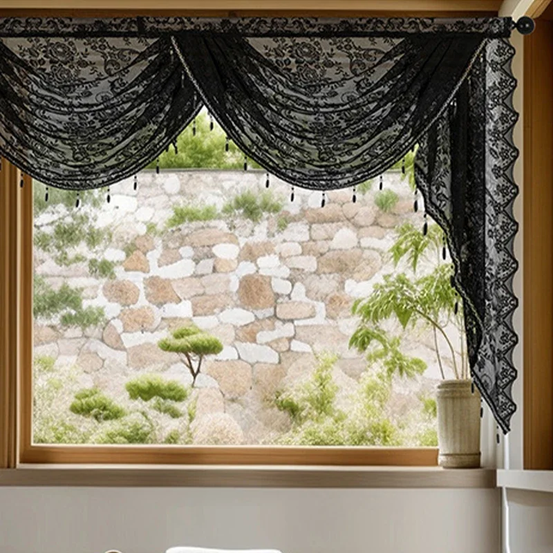 French Style Floral Lace Valance Home Rustic Decorative Short Curtain for Living Room Bedroom Kitchen Window Decor Gauze Curtain