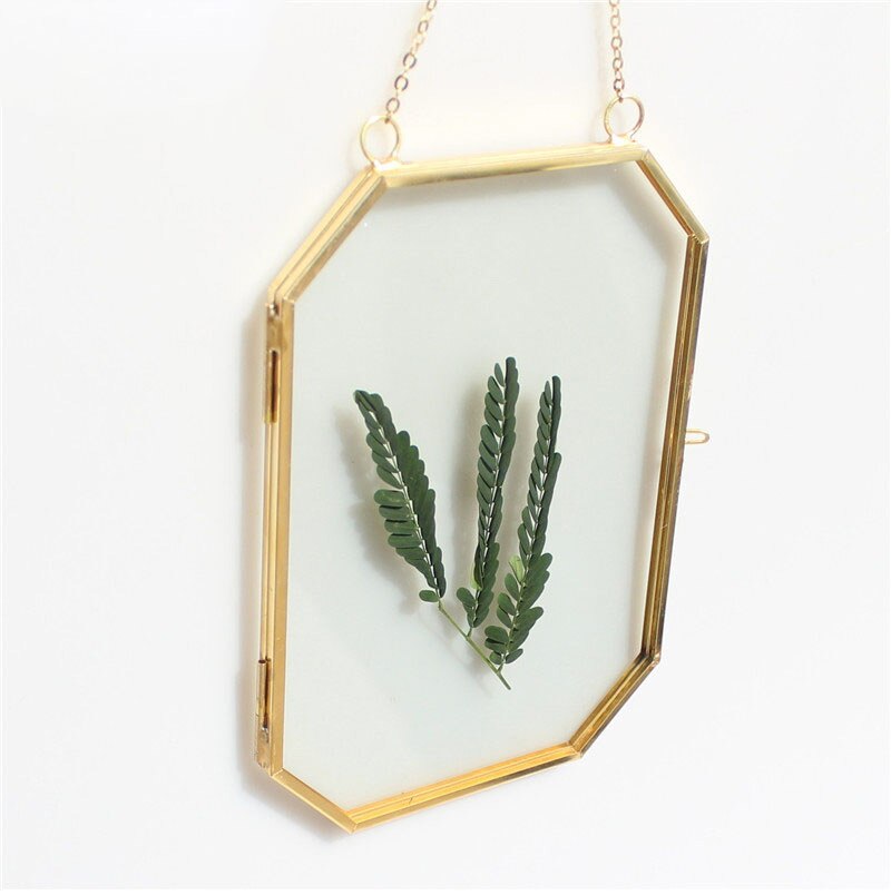 Noordse achthoekige koperen geometrische fotolijst voor aan de muur, glazen specimenhouder, fotomap voor thuisdecoratie: Geel / 8 inch