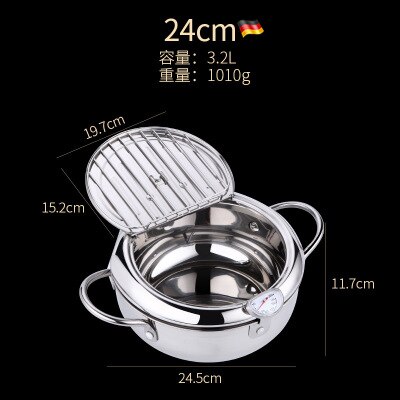 Olla para freír profunda de cocina, freidora de acero inoxidable con control de temperatura, utensilios de cocina para pollo frito: 24CM