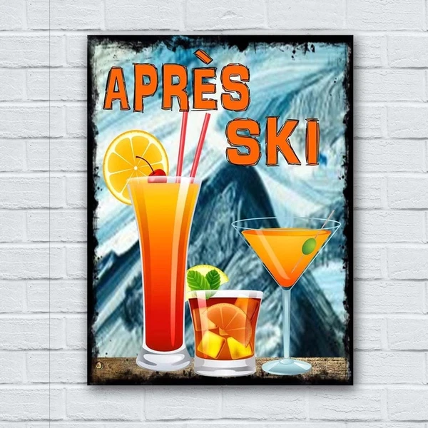 Apres Ski Party Tin Sign , Ski Lodge Signs, Blue Apres Ski Signs, Vintage Style Apres Ski Signs, Ski Decor: White / 40x30cm