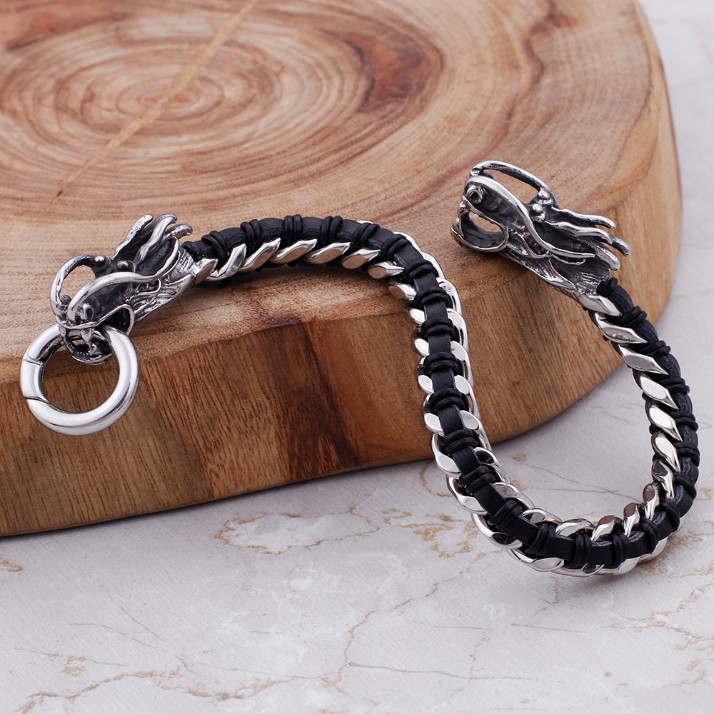 Hip Hop Bike Jewelry Double Dragon Head Charm Bracelet Men Weave Leather & Stainless Steel Mens Bracelets For Husband Man