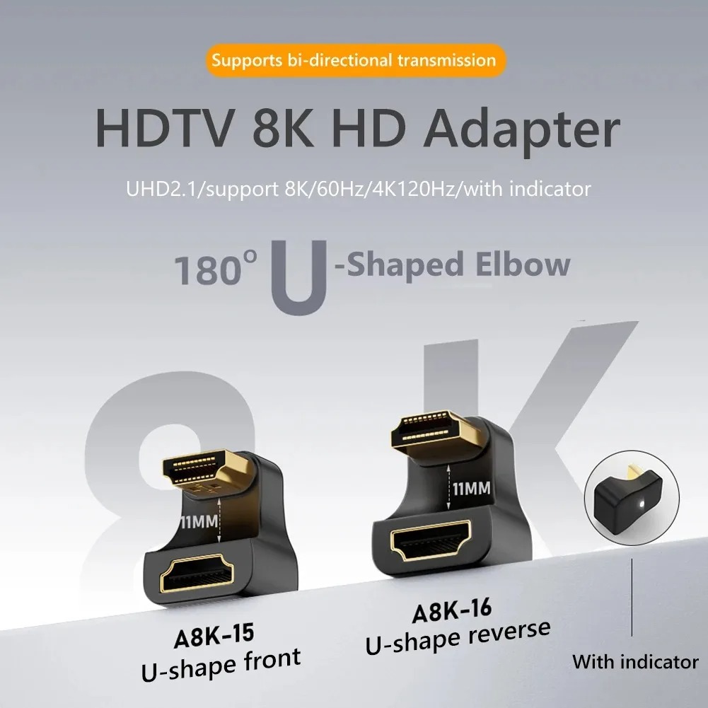 8K UHD U Shape 180 Degree HDMI-compatible2.1 Adapters Up Down Mini-HD to HD Extender for Monitor HDTV Tablet Camcorder Laptop