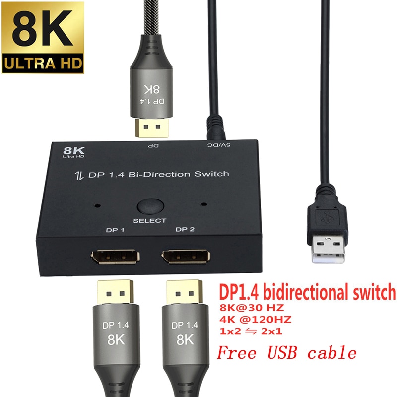 Displayport Switch 2 Poorten Bi-Directionele 1X2/2X1 DP1.4 Switcher Splittersupport 8K @ 30Hz,4K @ 120Hz Voor PS4 Xbox Hdtv