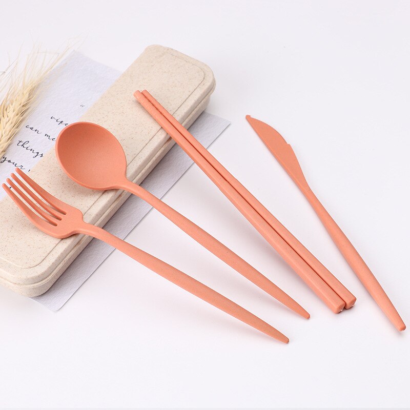 Couverts portables de voyage, boîte de couverts portables de voyage Style japonais couteau à paille de blé fourchette cuillère baguettes pour étudiants service de vaisselle de cuisine 4 pièces/ensemble