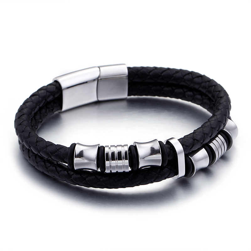 TrustyLan Couleur Or En Acier Inoxydable Bracelet En Cuir Hommes En Cuir Noir Pour Hommes bracelets d'enveloppement Bijoux Bracelet Avec Fermoir Aimanté