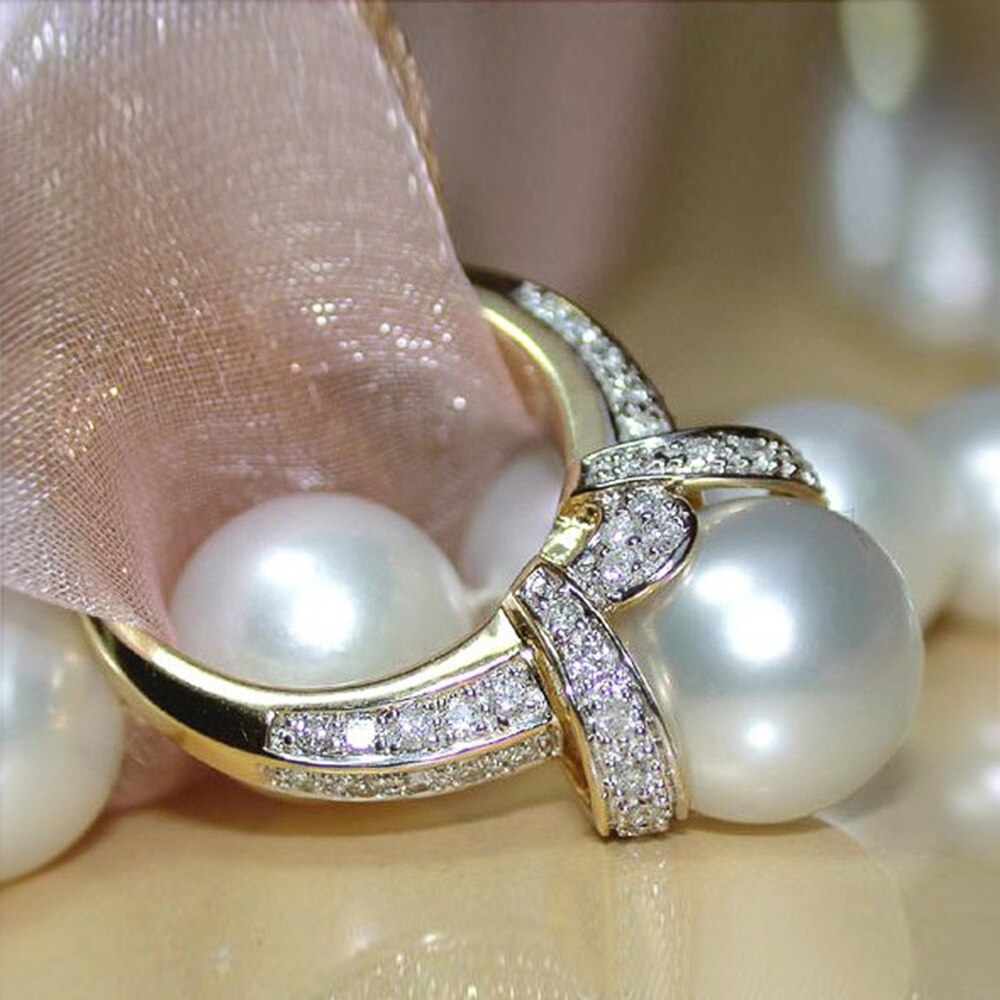 Huitan Imitation perle couleur or anneaux de mariage femmes brillant CZ romantique mariage cérémonie fête anneau accessoires de