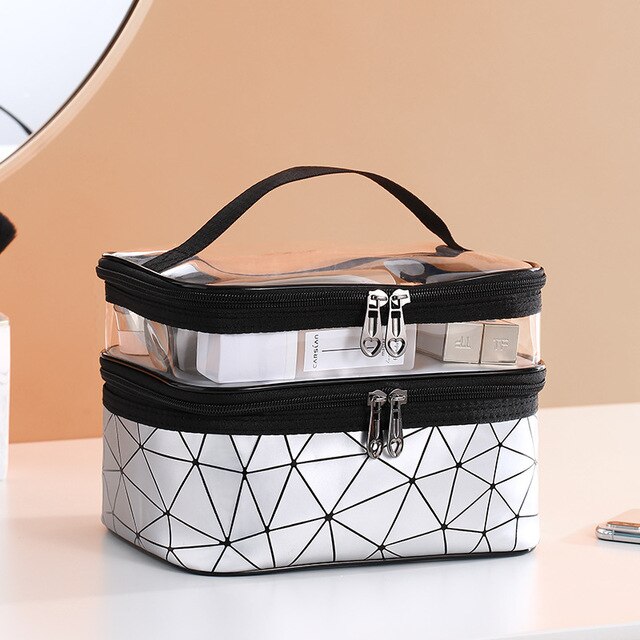 1Pctransparent Dubbele Laag Reizen Cosmetische Zak Jelly Kleur Grote Capaciteit Cosmetische Case Mode Vrouw Wash Organizer Make Tas: silver