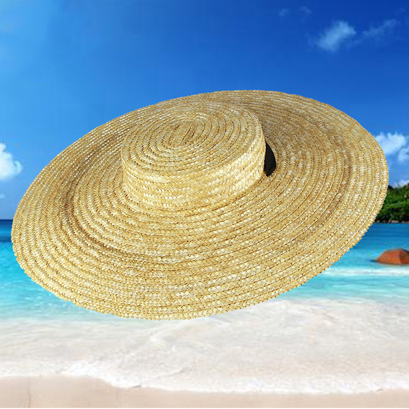Chapeau de canotier à large bord pour femme, chapeau de paille à bord plat pour femme, chapeau de soleil d'été avec ruban blanc et noir, casquette de plage, 12cm, 15cm, 18cm