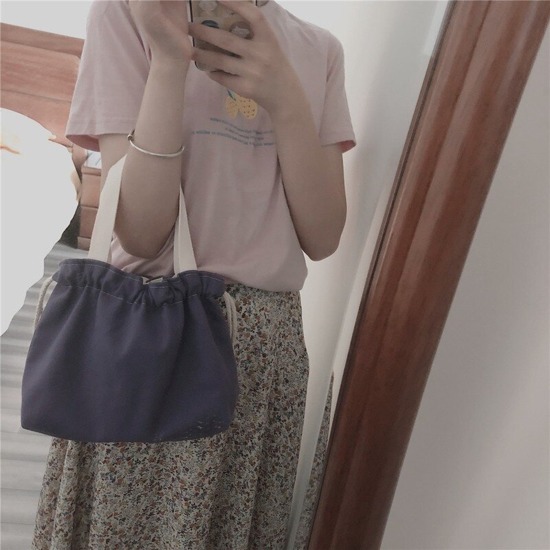 Trekkoord Tassen Vrouwen Casual Solid Canvas Handtassen Pouch Mini Draagbare Schouder Purse Koreaanse Stijl Ulzzang Vintage Harajuku Chic