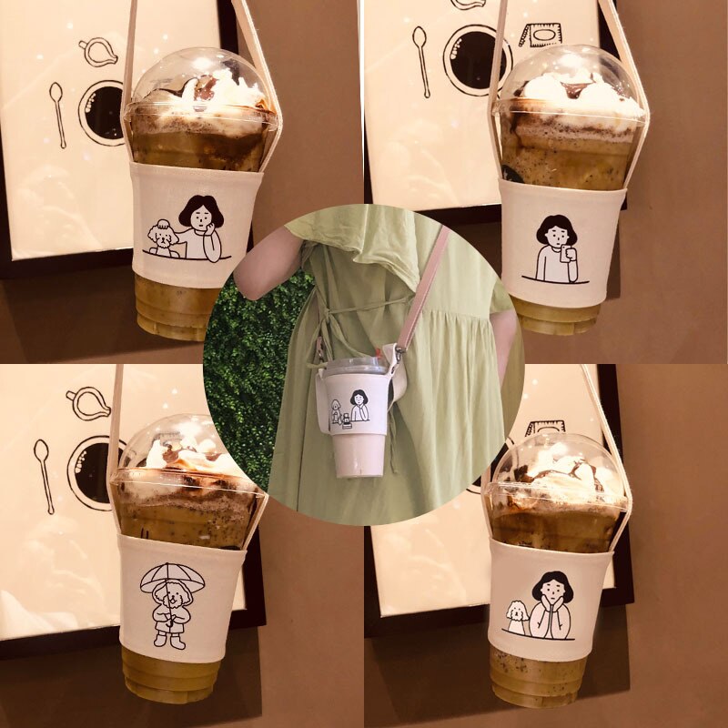 Eco-Friendly Beverage Bag Anti Cartoon Cute Teacup Set Hand Cup Cover Mug Wrap Coffee Milk Tea Small Bags Drinkware Canvas