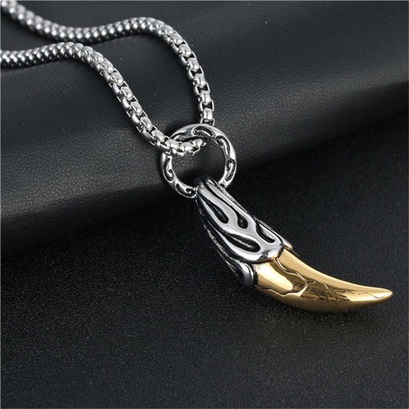 Trend Wolf Tooth Pendant Necklace for Men Stainless Steel Gold Beaded Chains Necklace Charms Jewelry