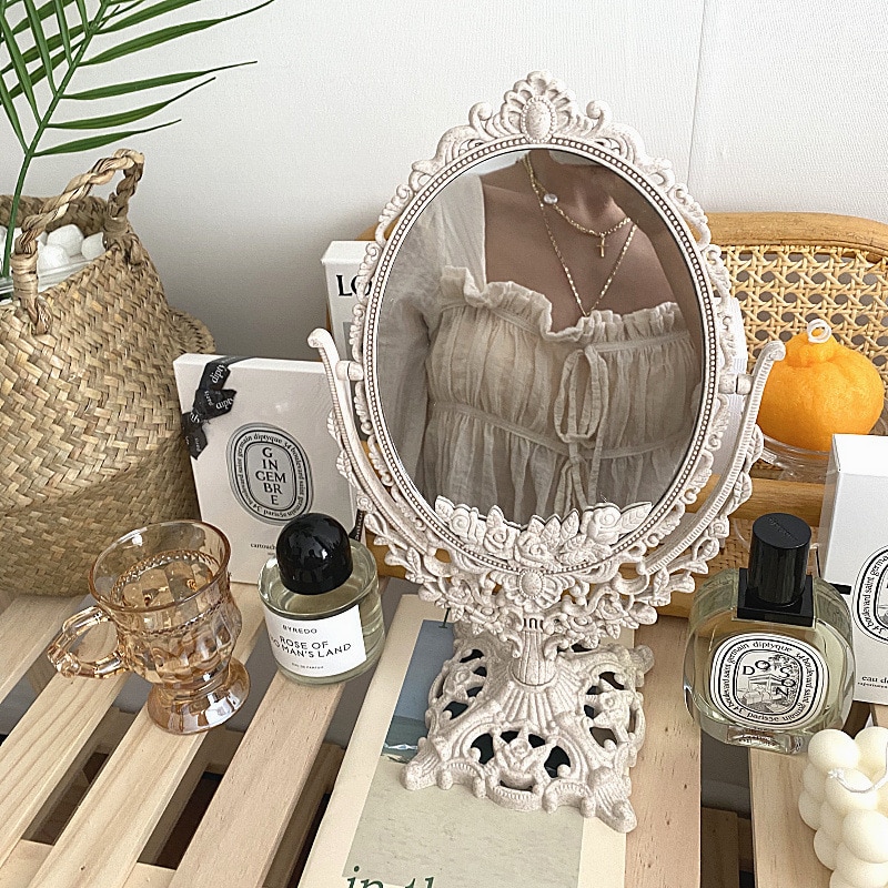 Cutelife nordisk sølv plast vintage dekorativt speil lite rundt sminke soveromsspeil ins bord rom stående glass speil