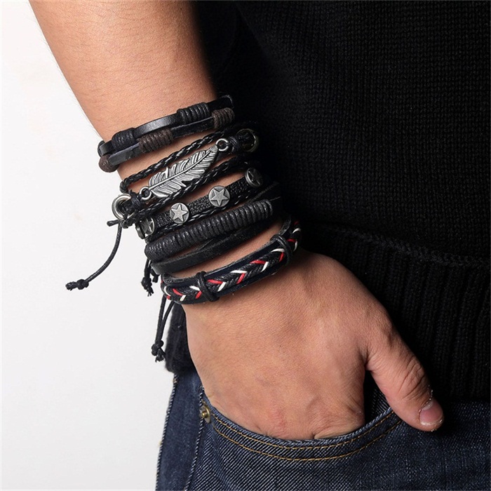Wood Bead Male Multilayer Leather Bracelet Men Braided Rope Wrap Bracelets Bangles Pulseira Masculina Jewelry Pulsera: S321