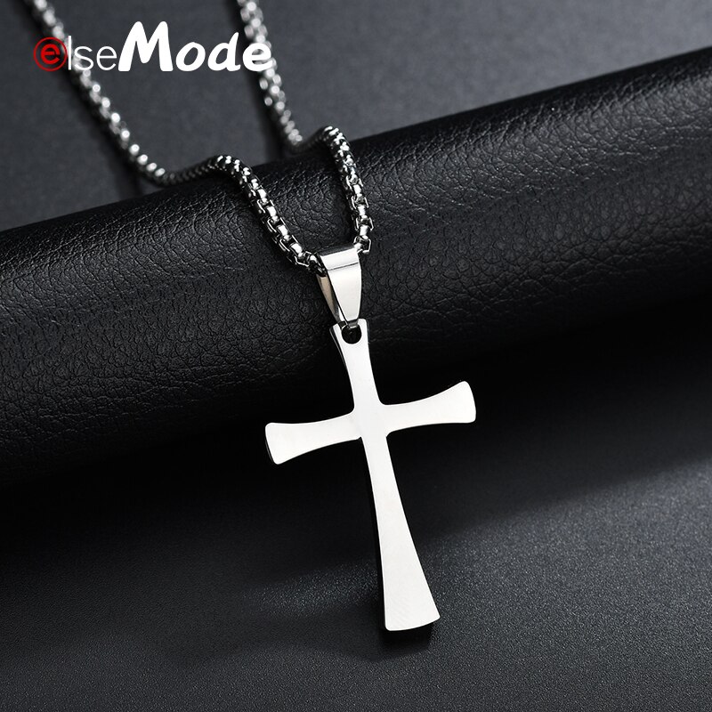 ELSEMODE Christian Titanium Stainless steel Cross Simple Necklace for Men Women Silver Color Crucifix Jesus Pendant Necklaces