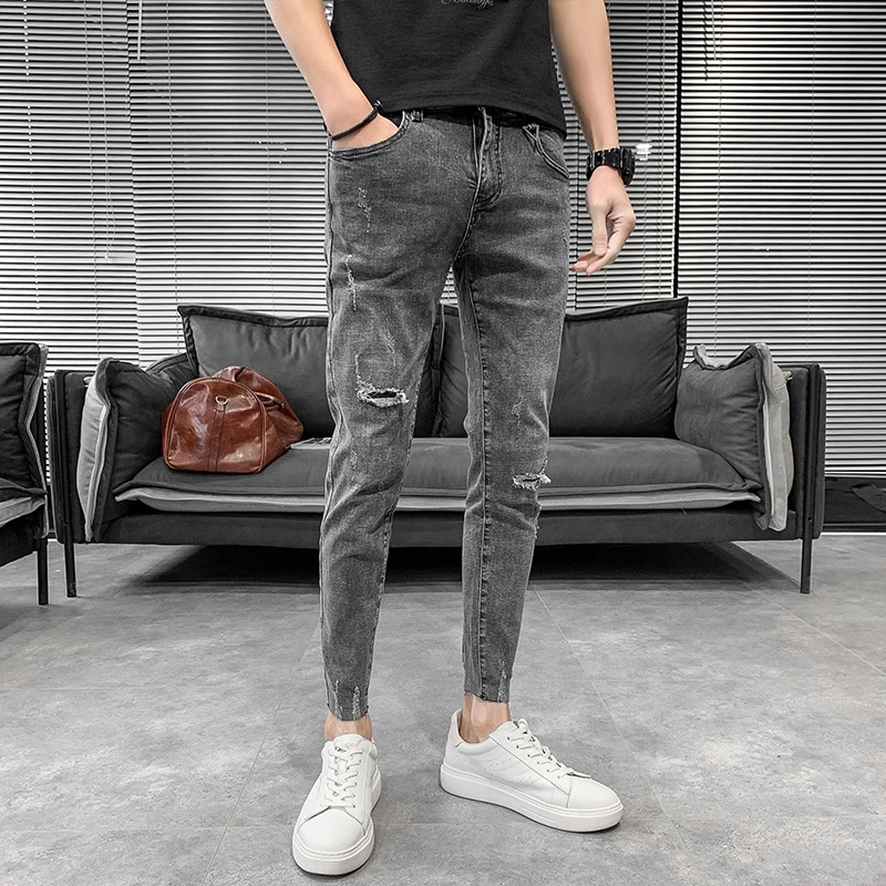 Sommer ripped jeans mænd slim fit tynde jeans til mænd koreanske simple streetwear hul herre jeans bukser 34
