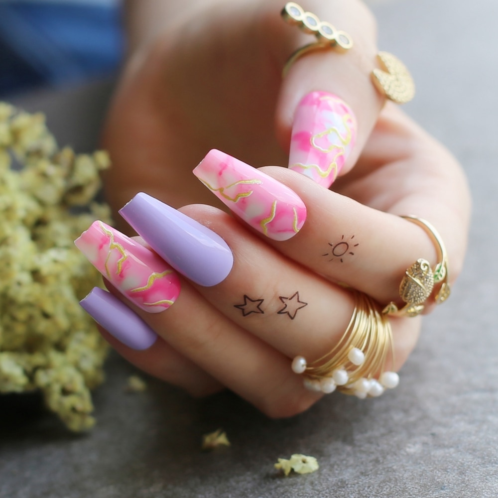 Faux-ongles en rose lavande, accessoire de manucure pour ballerine, longs et en fleurs