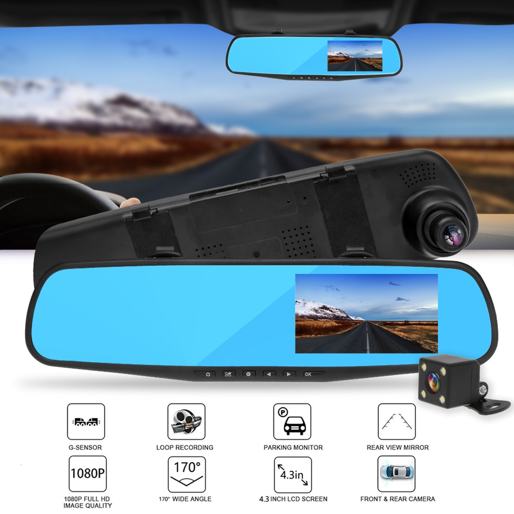 4.3” HD 1080P Dual Lens Car DVR Rear View Mirror 3IN1 Recorder Camera ...