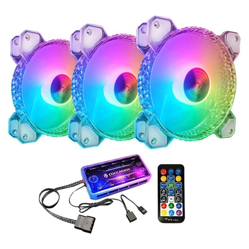 COOLMOON Crystal Diamond RGB Fan Sets, 12cm Silent Long-Life Rgb Luminous Chassis Cooling Fan Set for PC: Music controller
