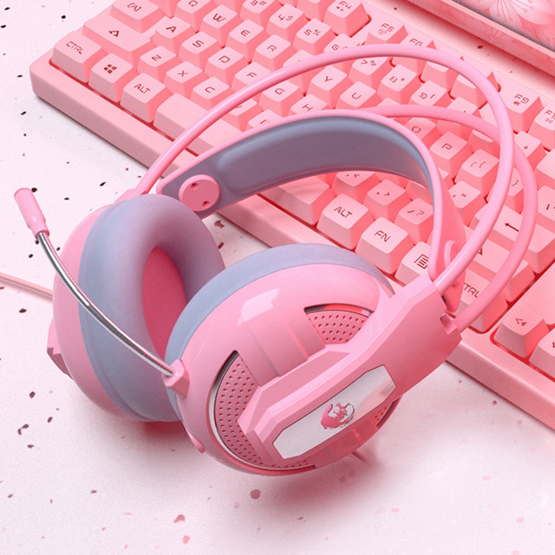 Pink Girl Heart Cute Backlit Gaming Keyboard and Mouse Set Wired Keyboard with Wired Gaming Headset Mechanical Feel