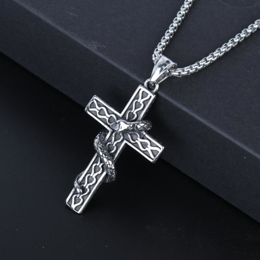 Slang Gewikkeld In Cross Enkele Titanium Schrift Cross Ketting Rvs Zwart Gebed Choker Kruis Hangers Voor Mannen Colar