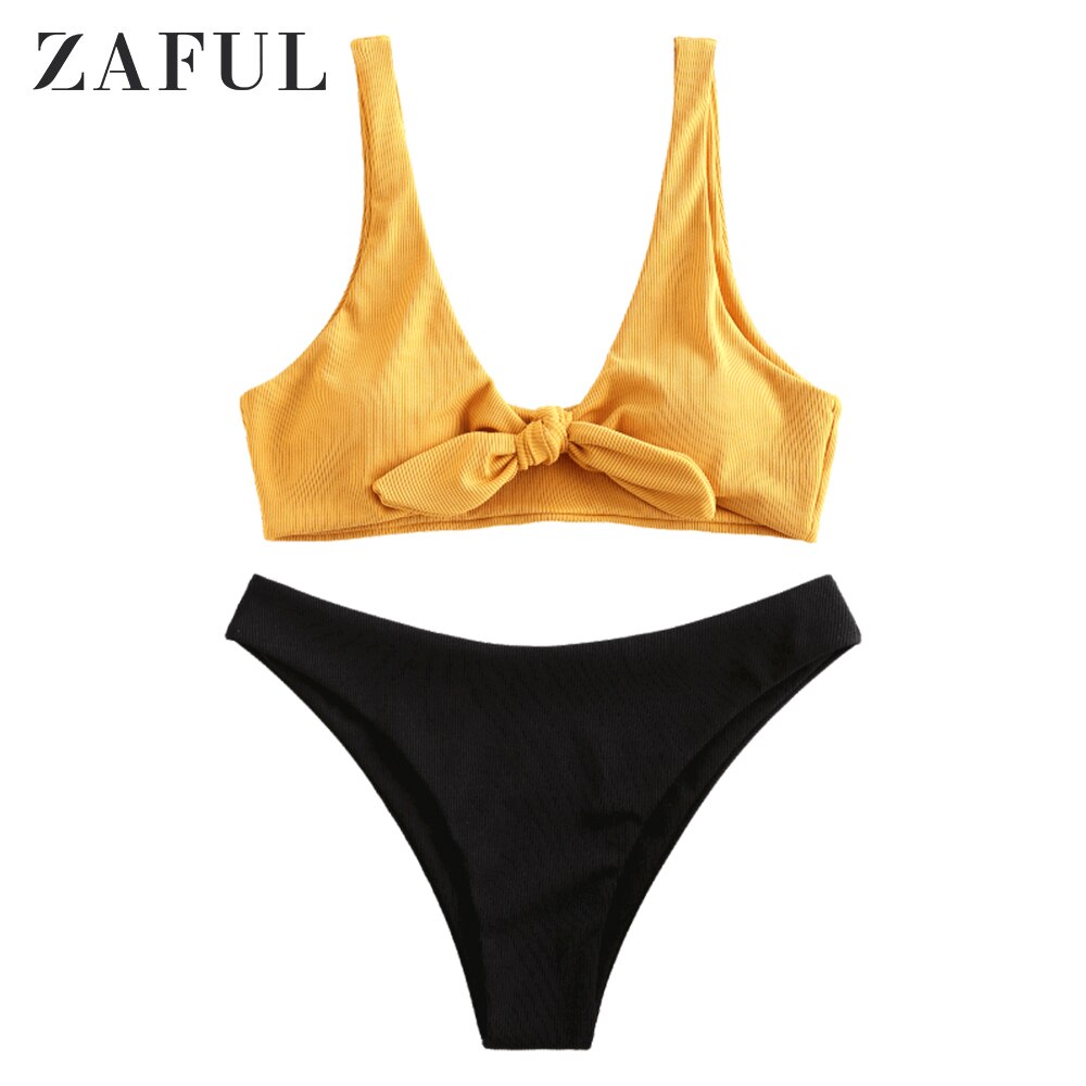 ZAFUL-Bikini con relleno frontal para mujer, traje de baño con cuello redondo sin aros, bañador deportivo acolchado extraíble: Bee Yellow / M