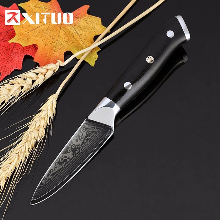 Japani  vg10 damaskusteräksinen keittiöveitsi  g10 kahva + luumun kukka paras kokkiveitsi terävä leikkuri santoku keittotyökalu: 3.5 tuuman hedelmäveitsi
