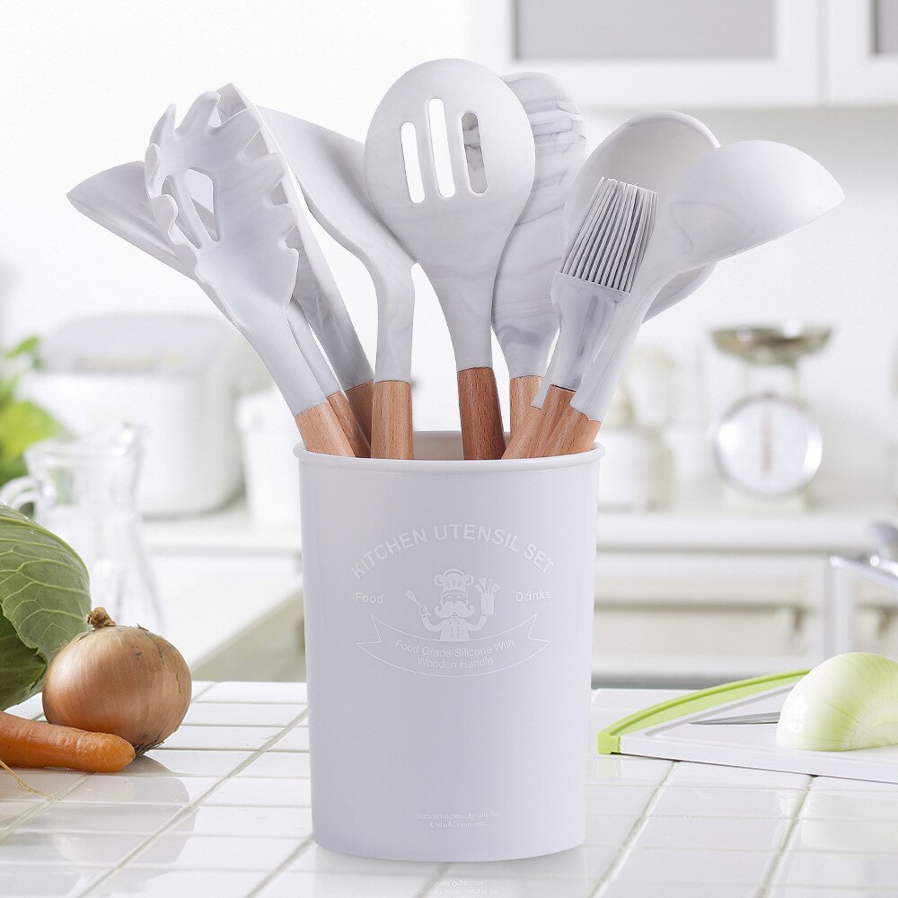 Utensilios de cocina antiadherentes de silicona, cuchara densa, espátula, batidores de huevos con mango de madera, vajilla: marble