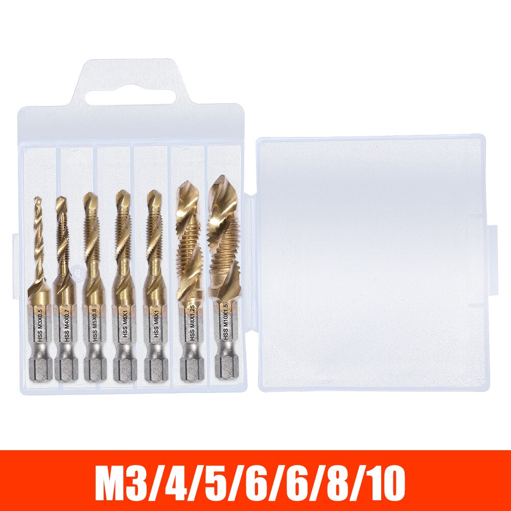 Metric Thread Tap Drill Bits Set Hex Shank Titanium Plated HSS Screw Thread Combination Drill Tap M3 M4 M5 M6 M8 M10 Hand Tools: 7 Pcs Gold / Standard