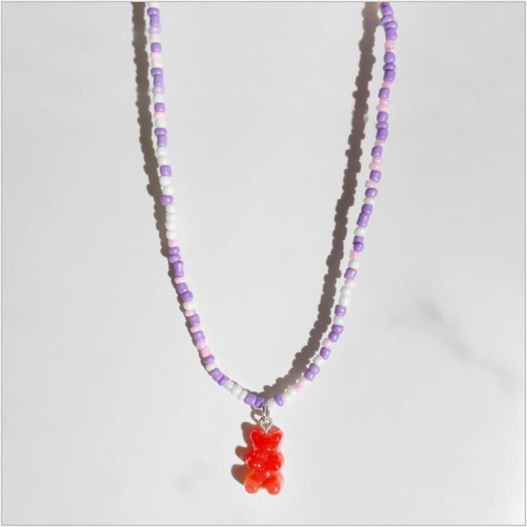 Collier de perles rondes colorées pour femmes, style bohème, mignon, dégradé arc-en-ciel, pendentif ours en résine, à la , bijoux pour filles: red