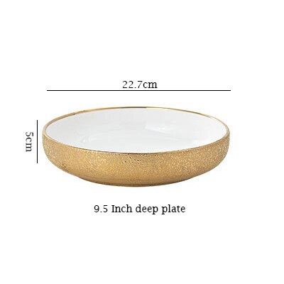 plato de cerámica en relieve dorado para cena, plato para arroz, ensalada, fruta, fideos, Bol, sopa, filete, vajilla, Set: 9.5 Inch deep plate