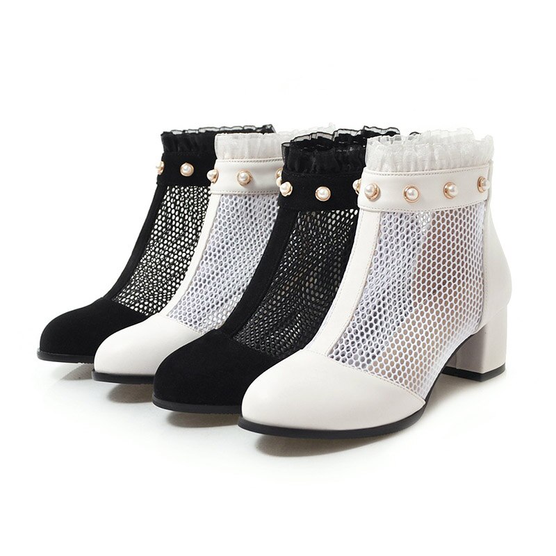 Jk 2019 novo verão/primavera grosso med calcanhar calçado feminino malha babados ankle boots pérola botas dedo do pé redondo com zíper sapatos mulher