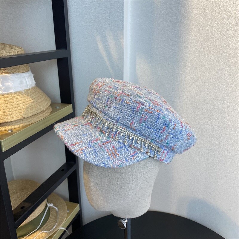 202007-CY036 automne goutte d'eau strass chaîne mélange Plaid loisirs octogonal chapeau hommes femmes visières casquette