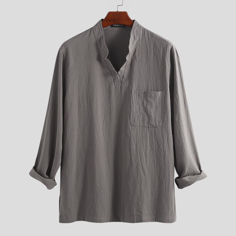 INCERUN Mens Shirt Vintage Long Sleeve V-neck Cotton Linen Men Tops Plus Size Chinese Style Loose Mens Casual Shirts Camisa: Gray Shirt / XXXL