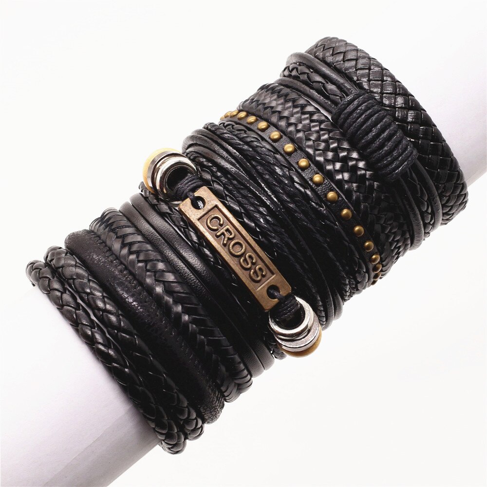 10 pz/impostato intrecciato bracciali in pelle da uomo per donna Vintage ▾ croce parole fascino etnico femminile multistrato avvolgere braccialetti tribali