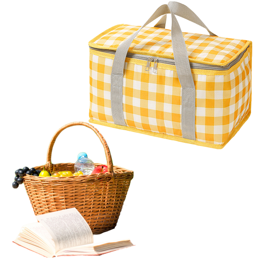 Checkered Picnic Bag Large Capacity Camping Storage Bag Cold Protection Portable Ice Pack Bag Waterproof for Beach School Office