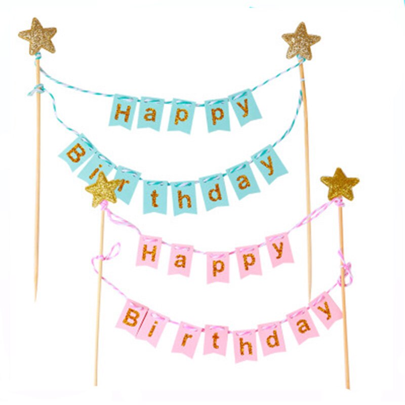 Mini Happy Birthday Banner Star Cake Topper Party Dessert Table Cake Decoration Supplies Handmade Bunting Garland Pennant Flags