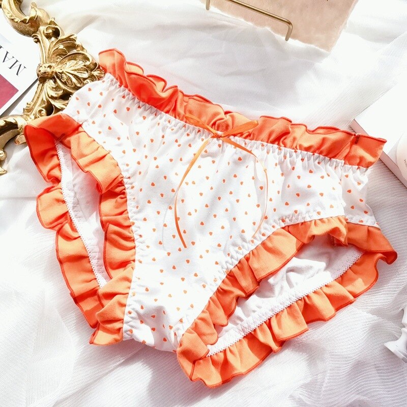 Women&#39;s Cotton Briefs Large Sizes Sexy Printing Ruffles Bow Kawaii Dots Cute Cotton Panties Plus Size Female Underwear 5XL 6XL: Orange / 4XL