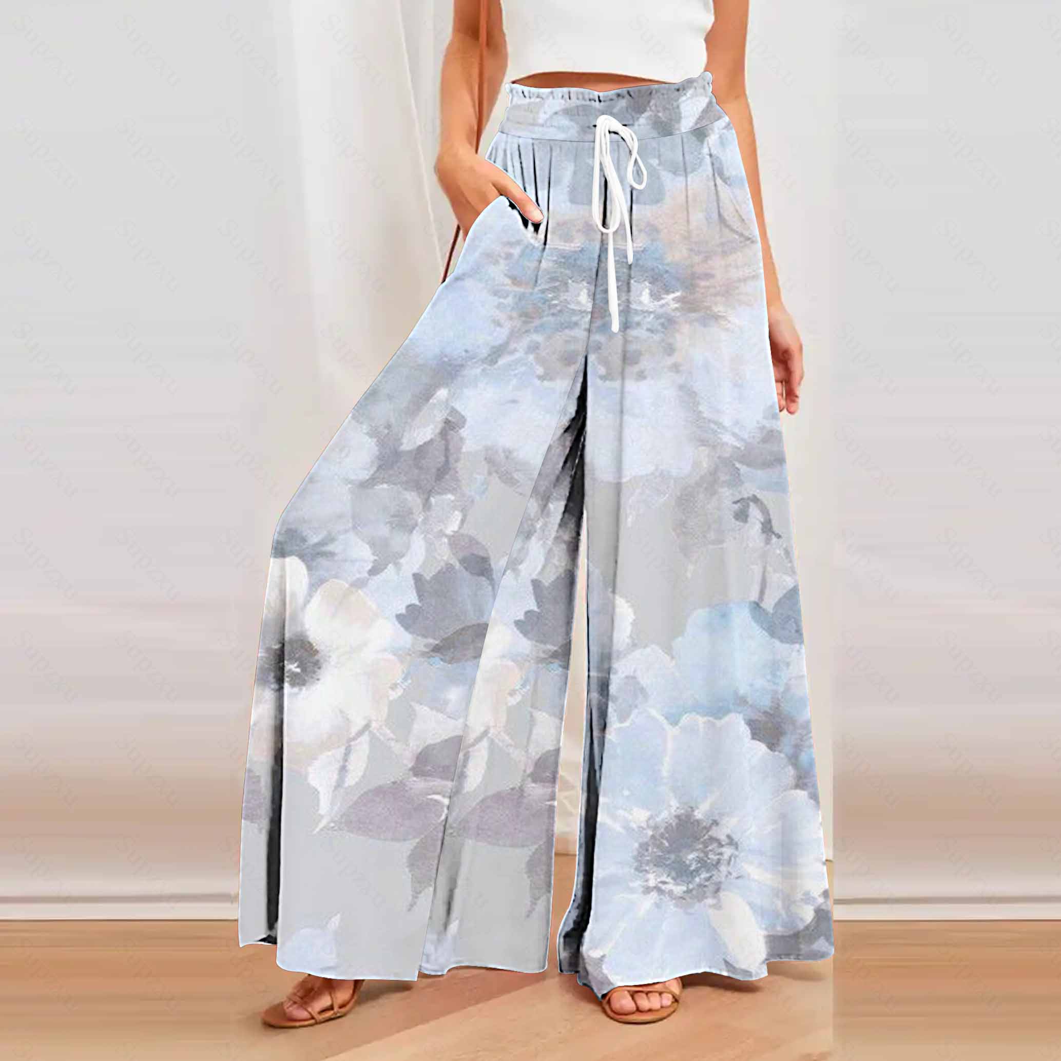 Women's Wide Leg Trousers ZANZEA Kaftan Printed Pants Elastic Waist Long Pantalon Palazzo Casual Floral Turnip Oversized: M / Dark Grey