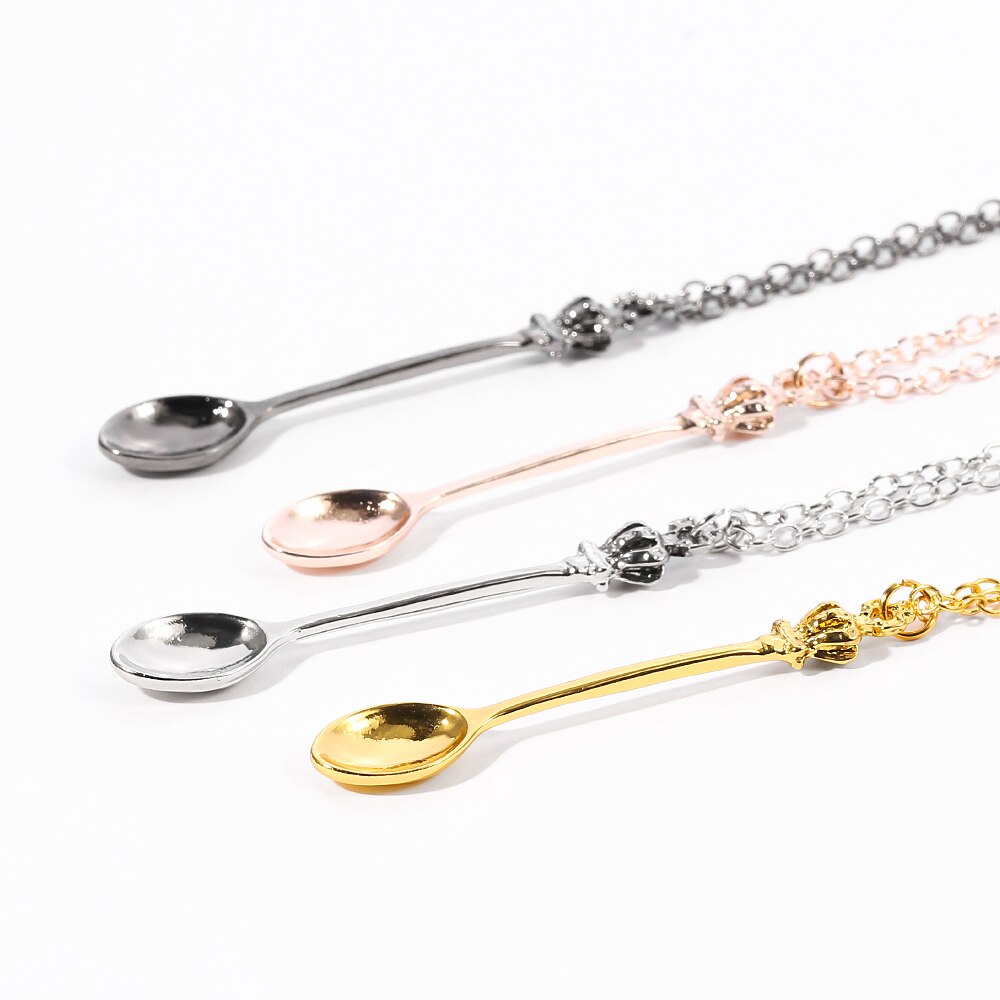 Goud Rose Goud Zwart Zilver Kleur Tone Snuff Mini Thee Crown Ketting Vintage Lepel Hangers Ketting Mini Lange Link sieraden